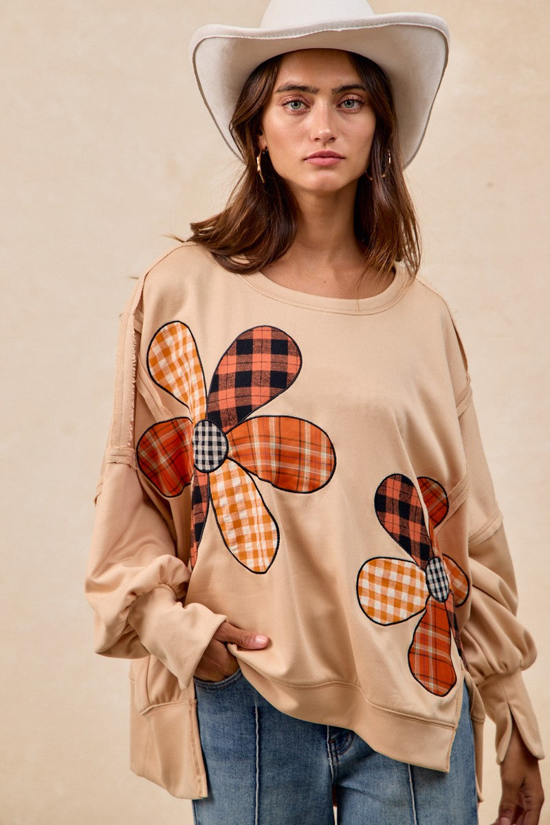 Oatmeal Plaid Mix Flower Patchwork Cut Edge Detail Oversized French Terry Sweater (S-XL available)