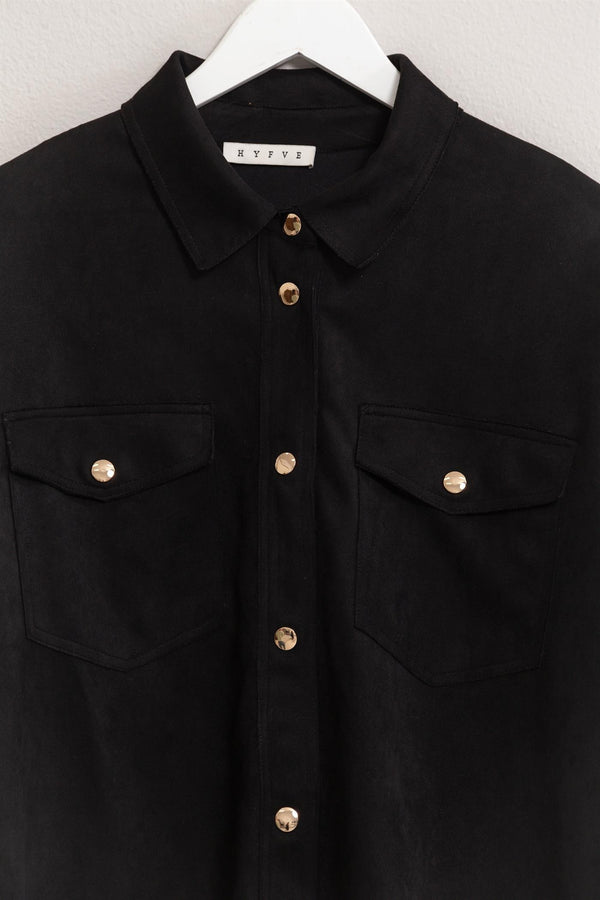 Oversized Suede Shirt With Pocket (Black)