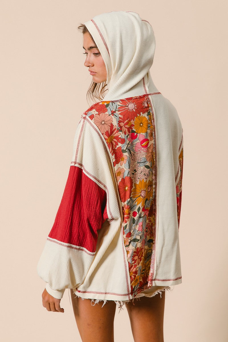 Knit and Print Mixed Hoodie Top (S-XL available)