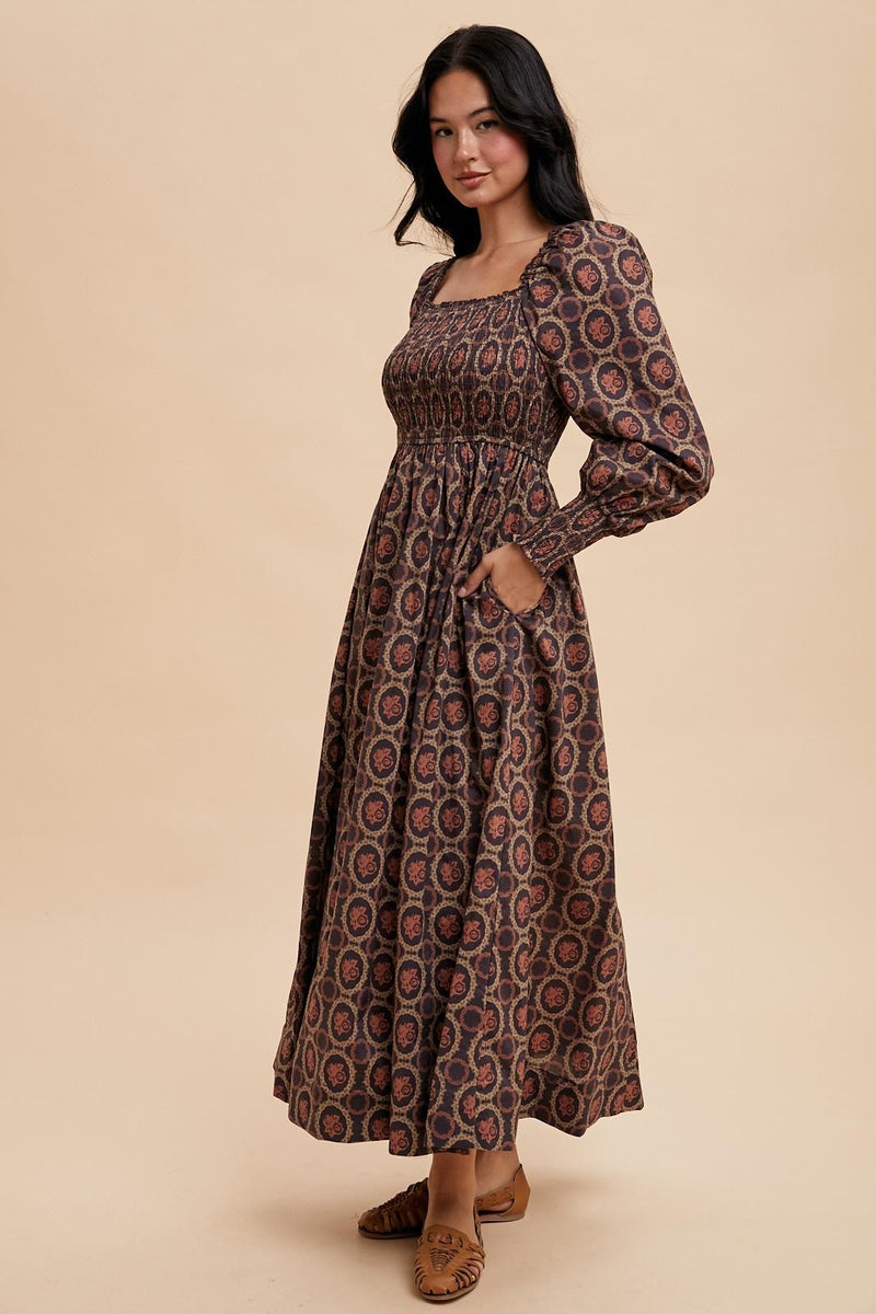 SMOCKED SQUARE NECK MAXI DRESS