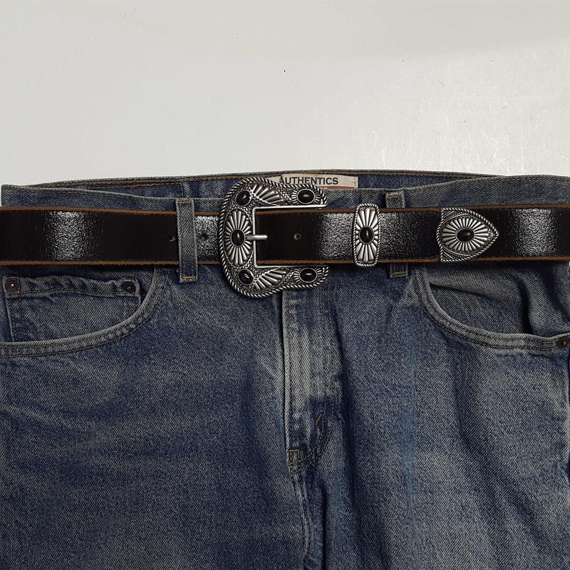 Vintage Leather belt with Western Buckle Set - Black w. Black stone