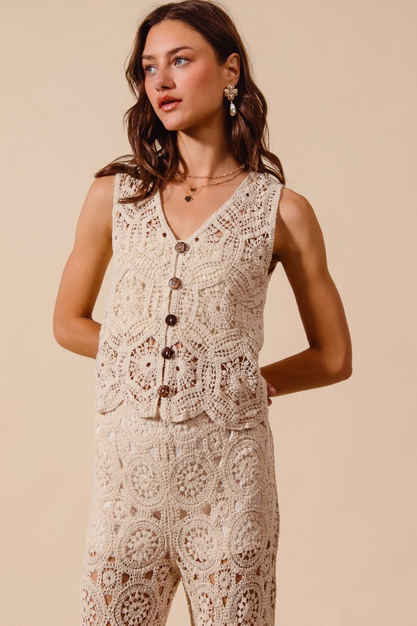 Floral Geometric Pattern Crochet Button Up Vest Top