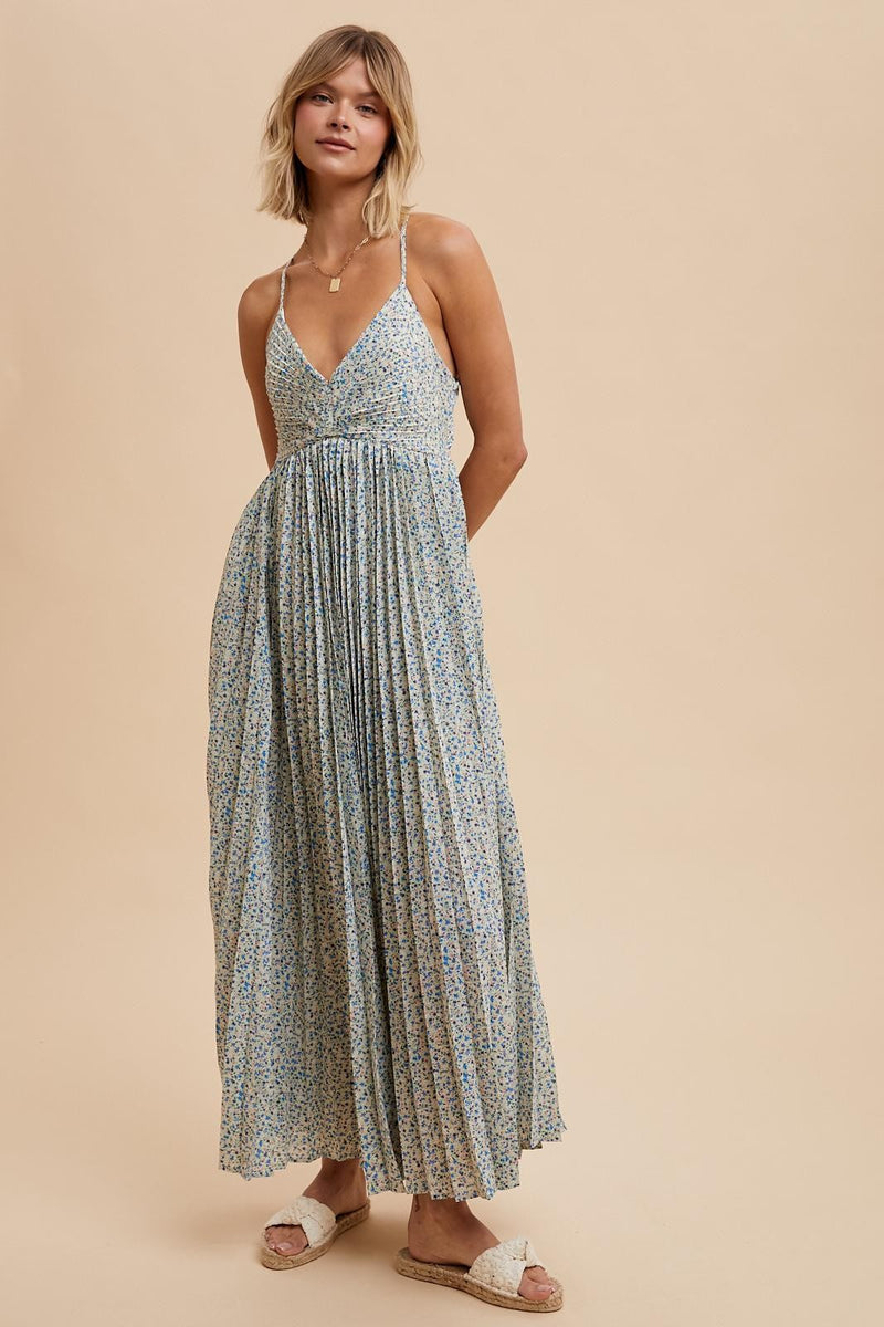 PLEATED FLORAL MAXI DRESS in Blue Floral Print- Final Sale