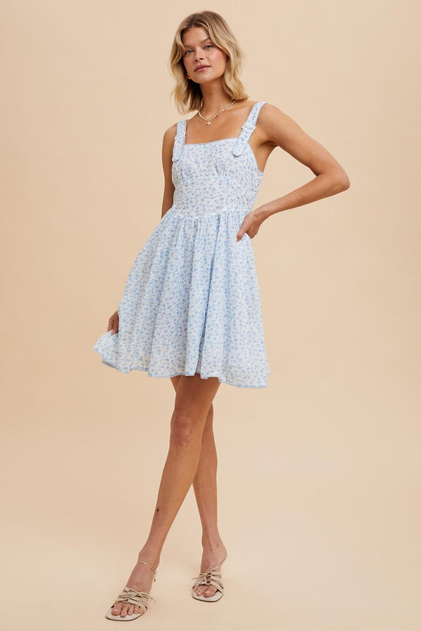 FLORAL APRON STYLE UTILITY MINI DRESS in Cornflower- Final Sale