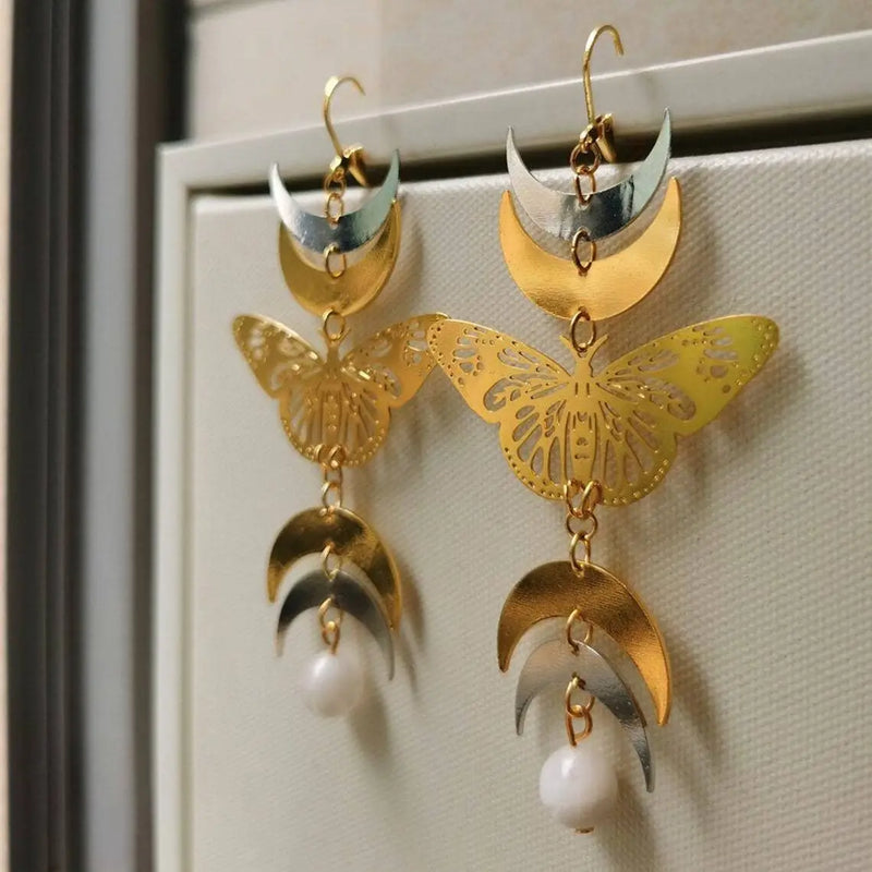 Golden Silver Moon Hollow Gold-plated Moth Pendant Earrings