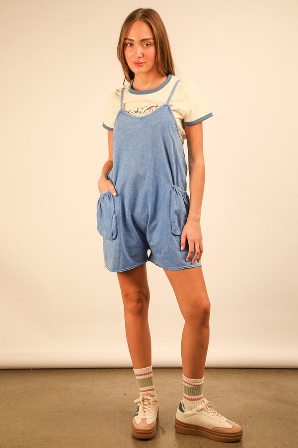 Mineral Washed Sleeveless Casual Knit Romper in Blue