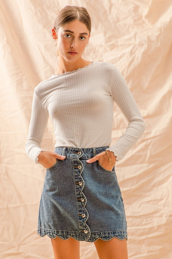 Scallop Buttoned Front Denim Skirt