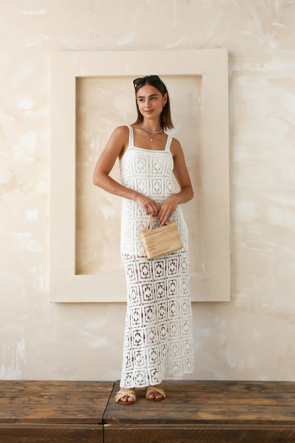 Cotton Crochet Maxi Tank Dress in Creme- Final Sale