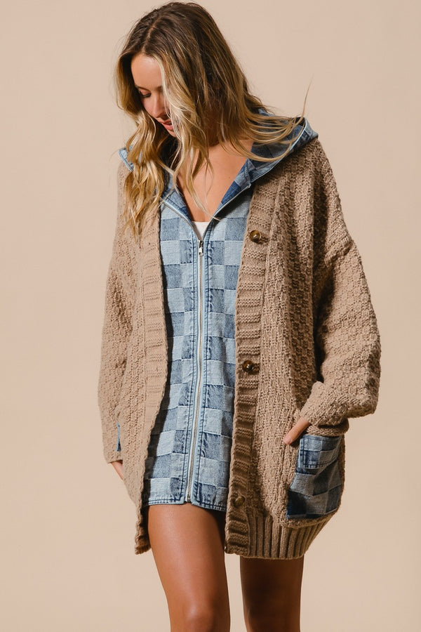 RESTOCK - Latte Washed Checker Denim Zip Up Sweater Cardigan (S-XL available)