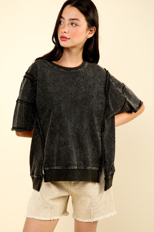 Round Neck Oversized Washed Casual Knit Top in Black