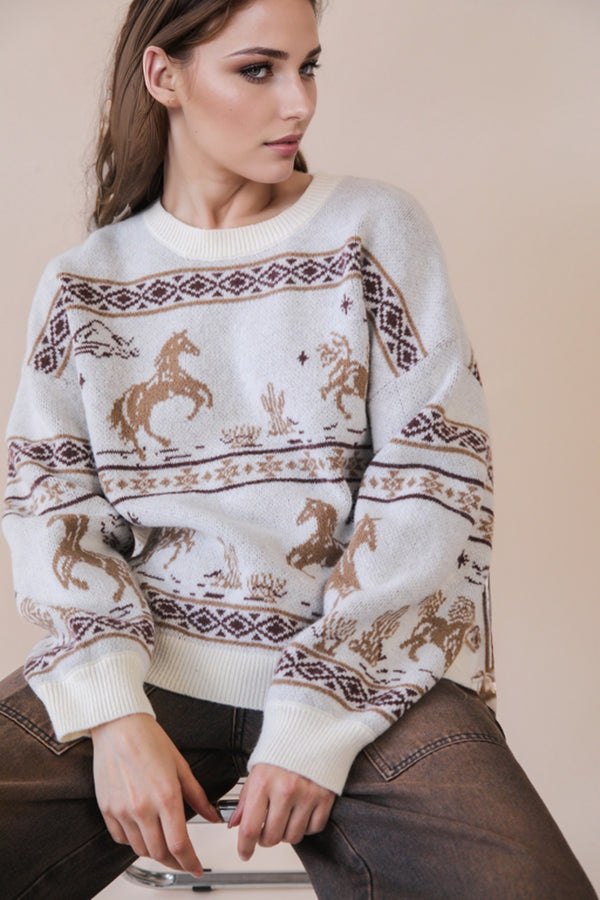 Oversized Western Graphic Knit Sweater Top in Natural