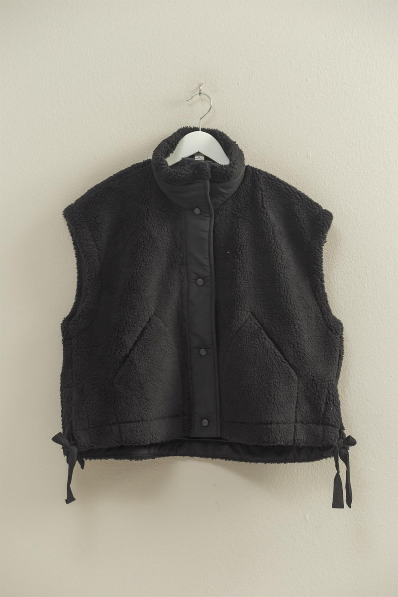 Black Cozy Sherpa Vest Jacket With Tie-up Side Details