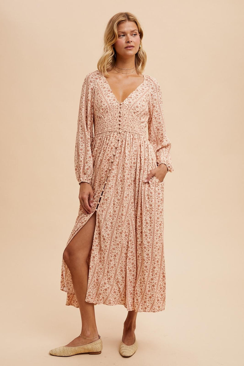 SMOCKED BUTTON DOWN MAXI DRESS