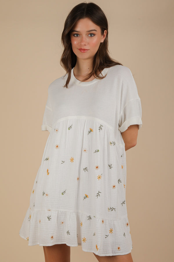 Oversized Floral Embroidered Knit Mini Dress in Ivory