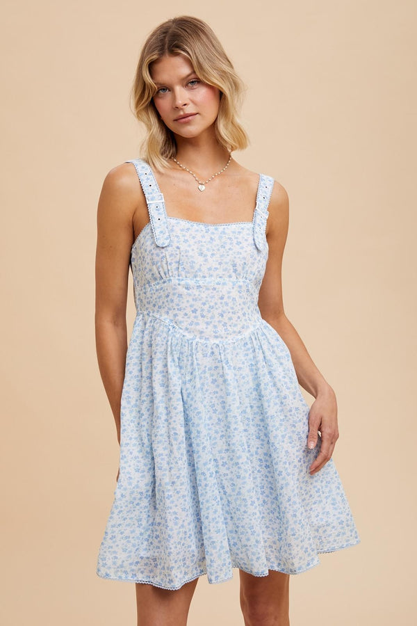 FLORAL APRON STYLE UTILITY MINI DRESS in Cornflower- Final Sale