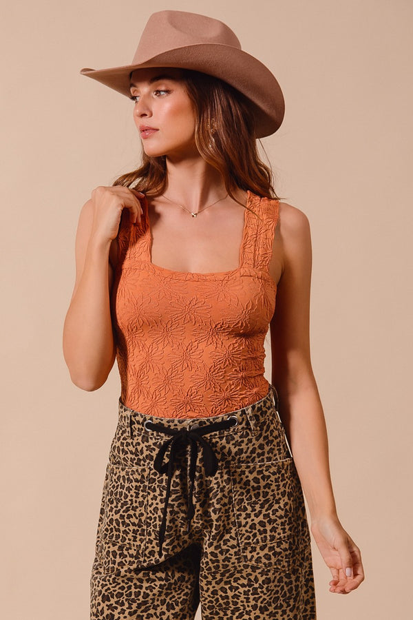 Floral Jacquard Seamless Tank Top in Rust
