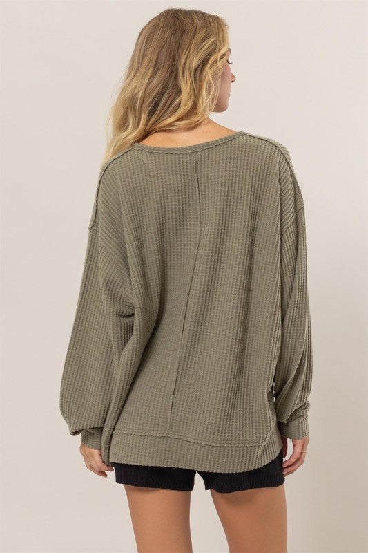 Brushed Waffle Notch Neck Top (Olive Grove)