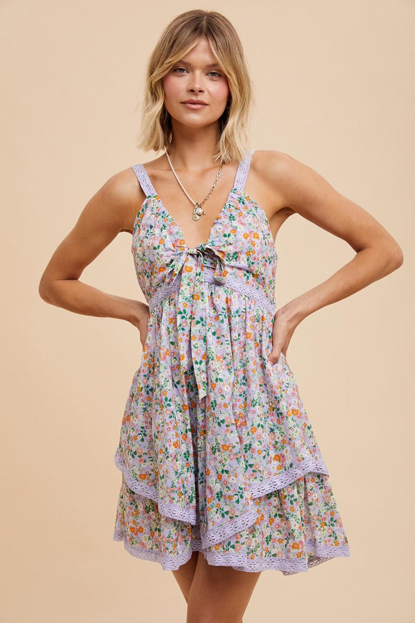 COTTON FLORAL BABYDOLL MINI DRESS in Lilac