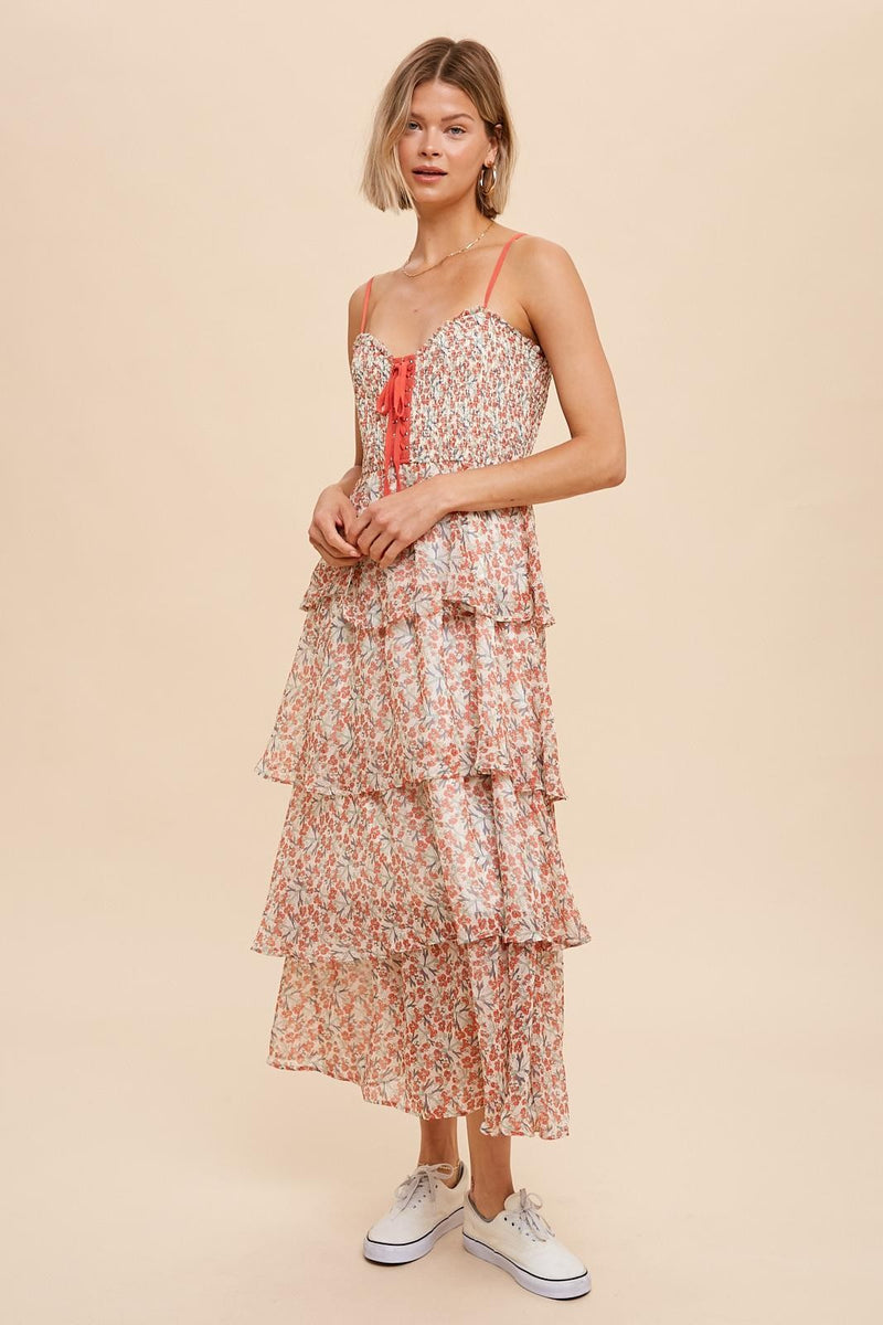 SMOCKED TIERED LACE UP FLORAL MIDI DRESS