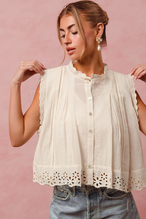 Button Up Front Pleated Sleeveless Lace Blouse Top in Cream