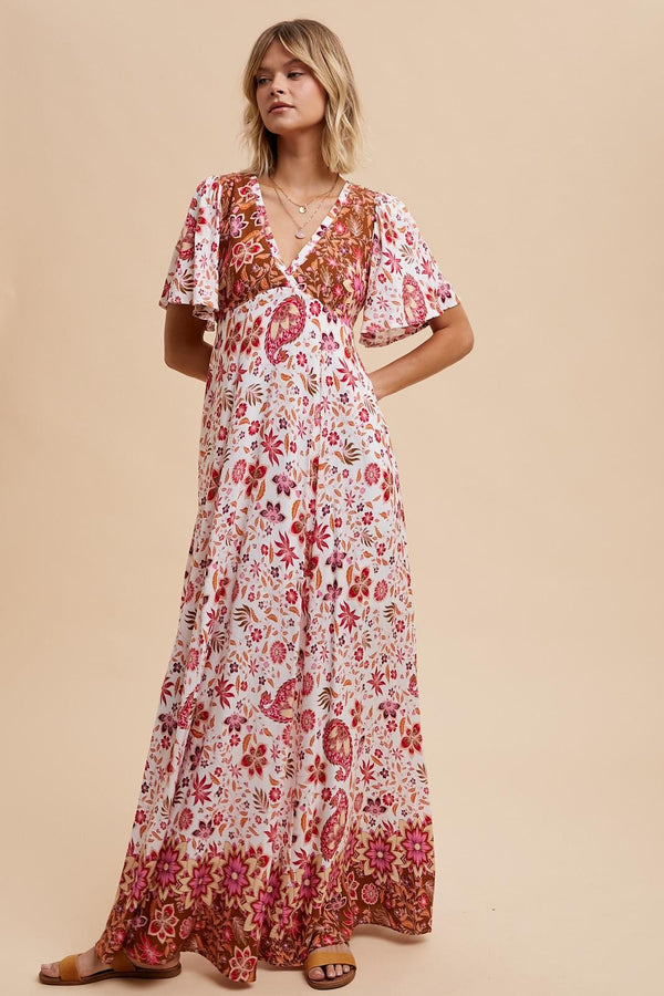 FLUTTER SLEEVE BORDER PRINT MAXI