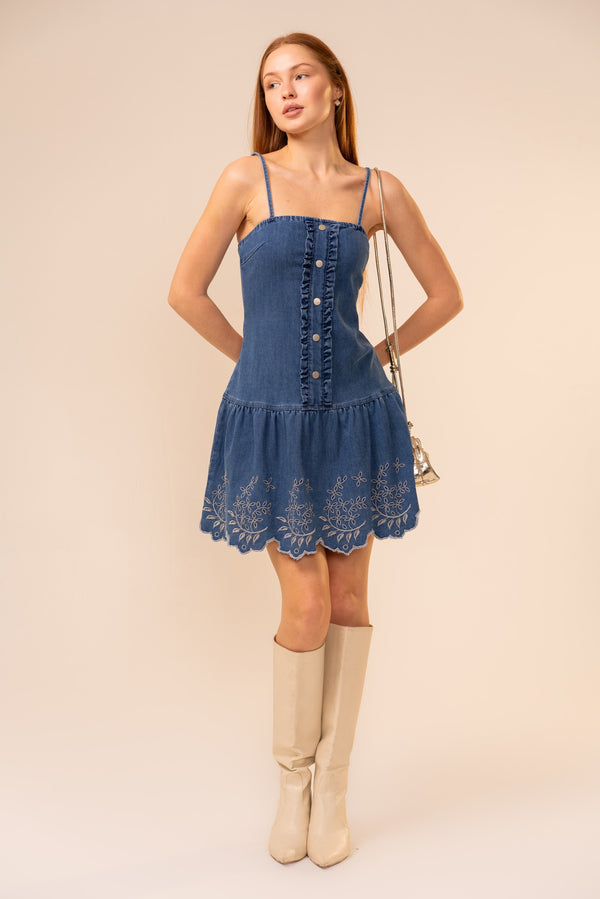 Sleeveless Embroidered Peplum Denim Dress DawnTayler Boutique Sleeveless Embroidered Peplum Denim Dress DawnTayler Boutique