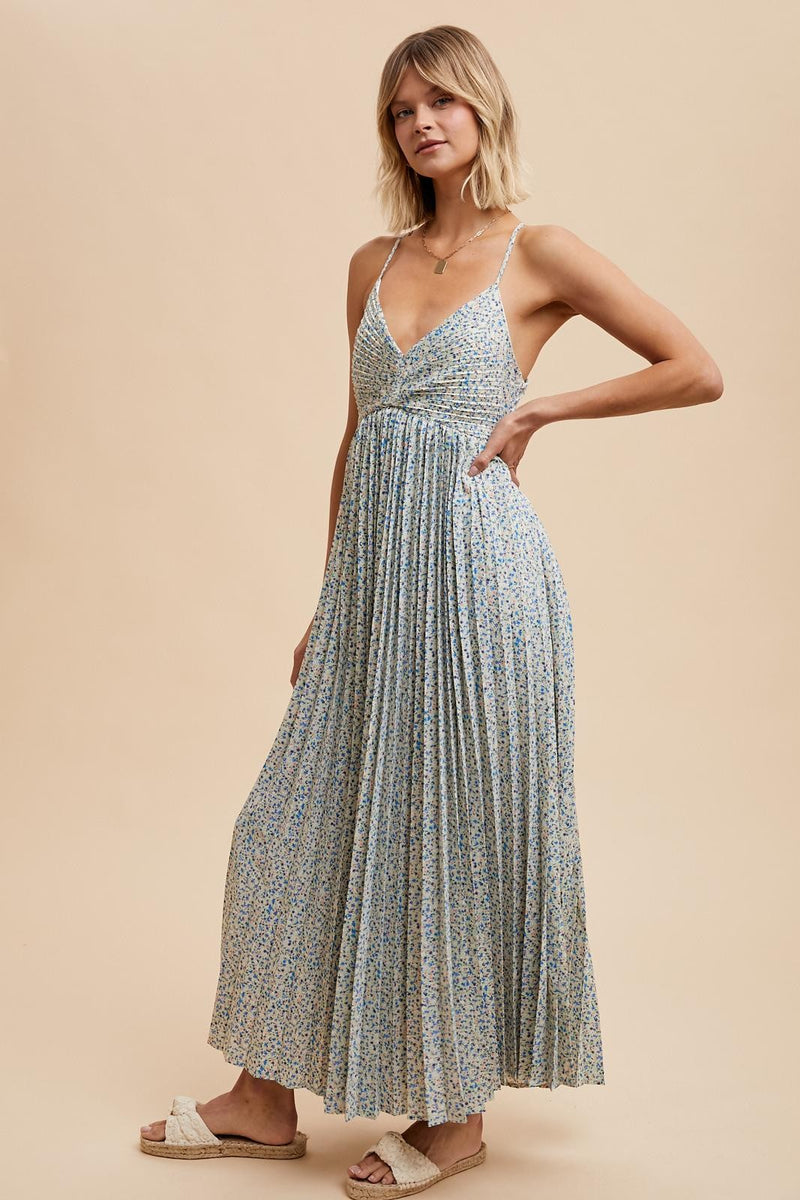 PLEATED FLORAL MAXI DRESS in Blue Floral Print- Final Sale