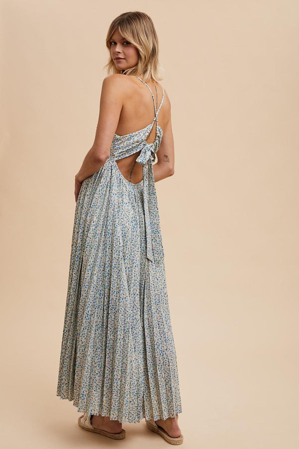 PLEATED FLORAL MAXI DRESS in Blue Floral Print- Final Sale