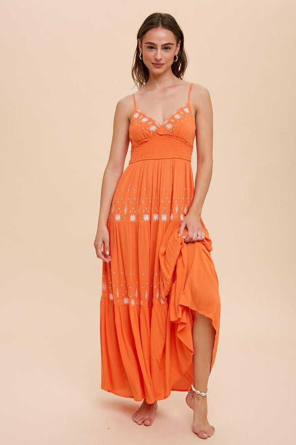 SMOCKED WAIST EMBROIDERED MAXI TIERED DRESS
