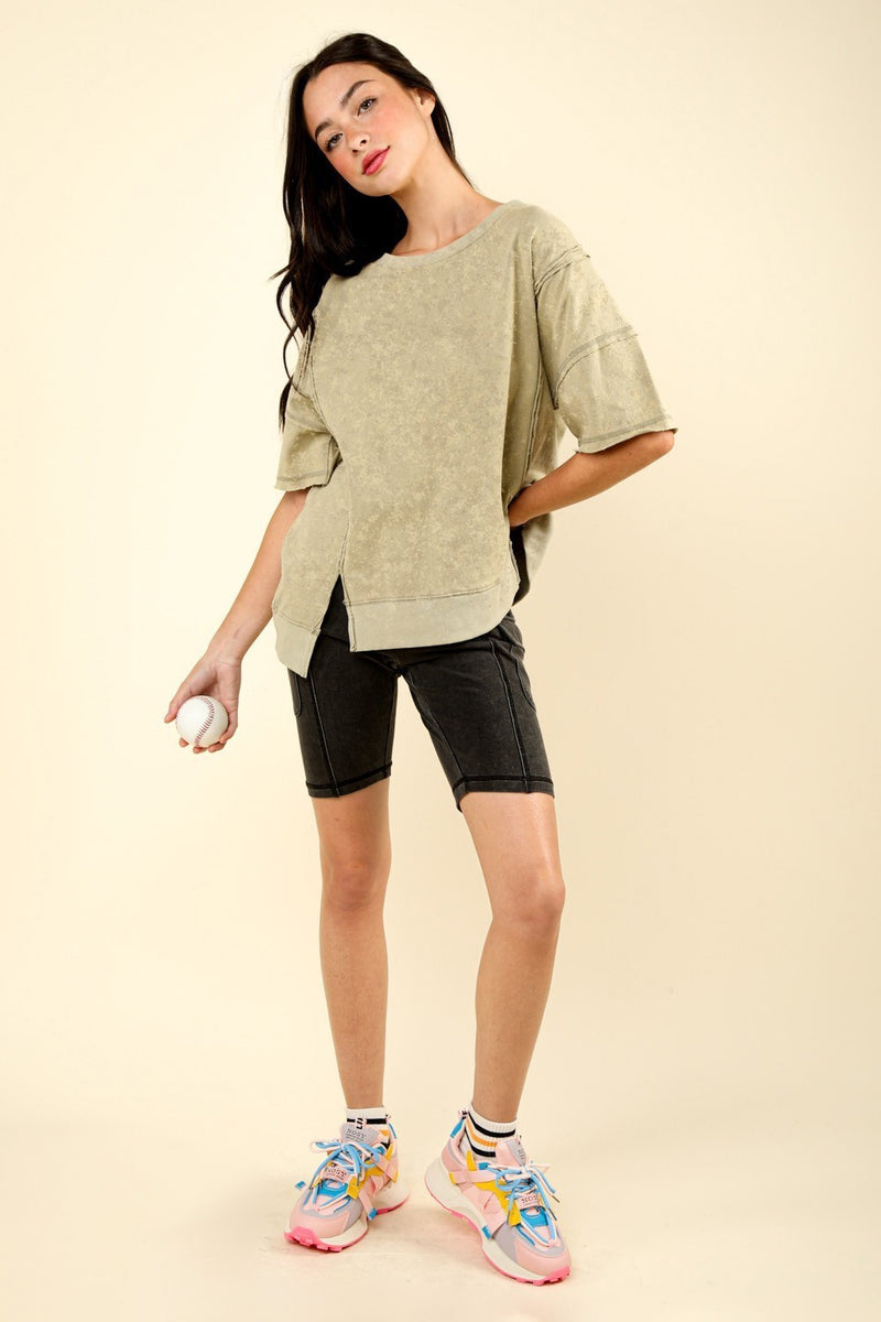 Round Neck Oversized Washed Casual Knit Top in Olive
