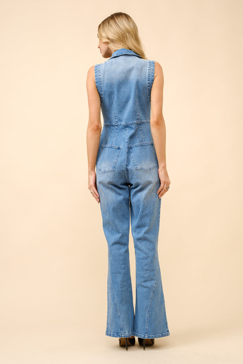 Collared Sleeveless Denim Jumpsuit