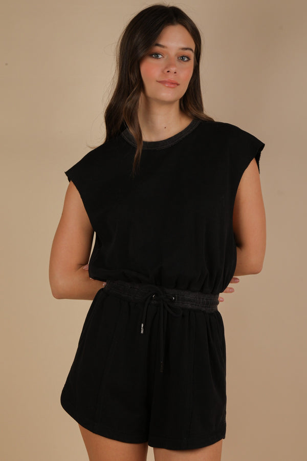 Washed Knit Romper W/ Cutout Back in Black