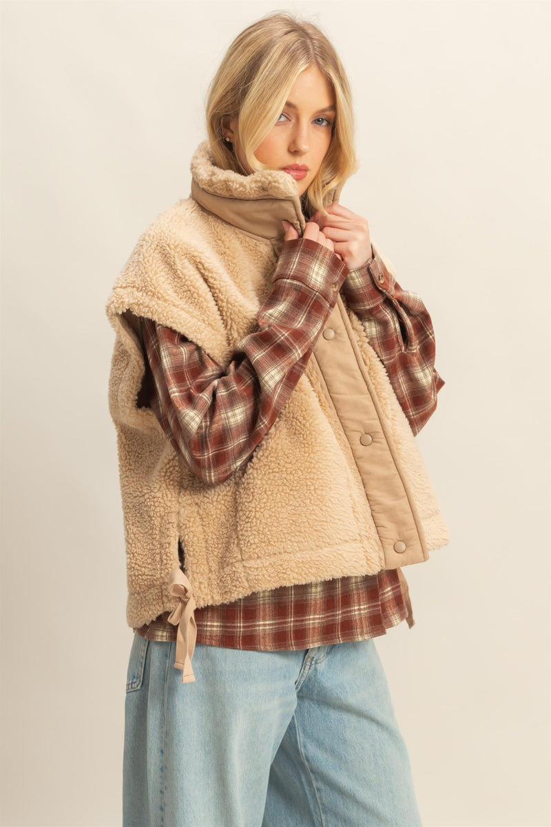 Beige Cozy Sherpa Vest Jacket With Tie-up Side Details