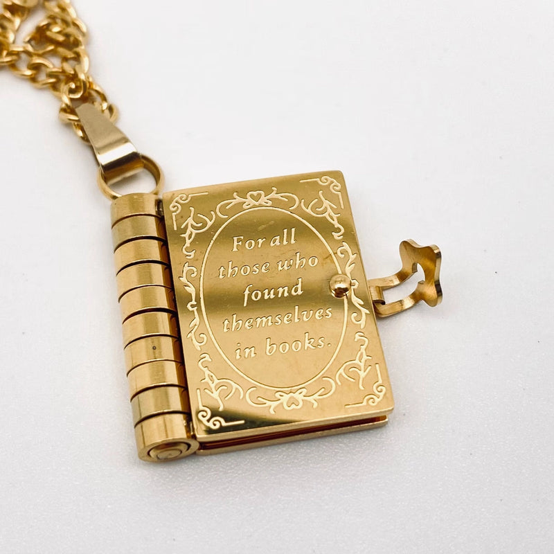 “For All Those That Found Themselves In Books" Vintage Open Book 18K Gold Plated Stainless Steel Necklace