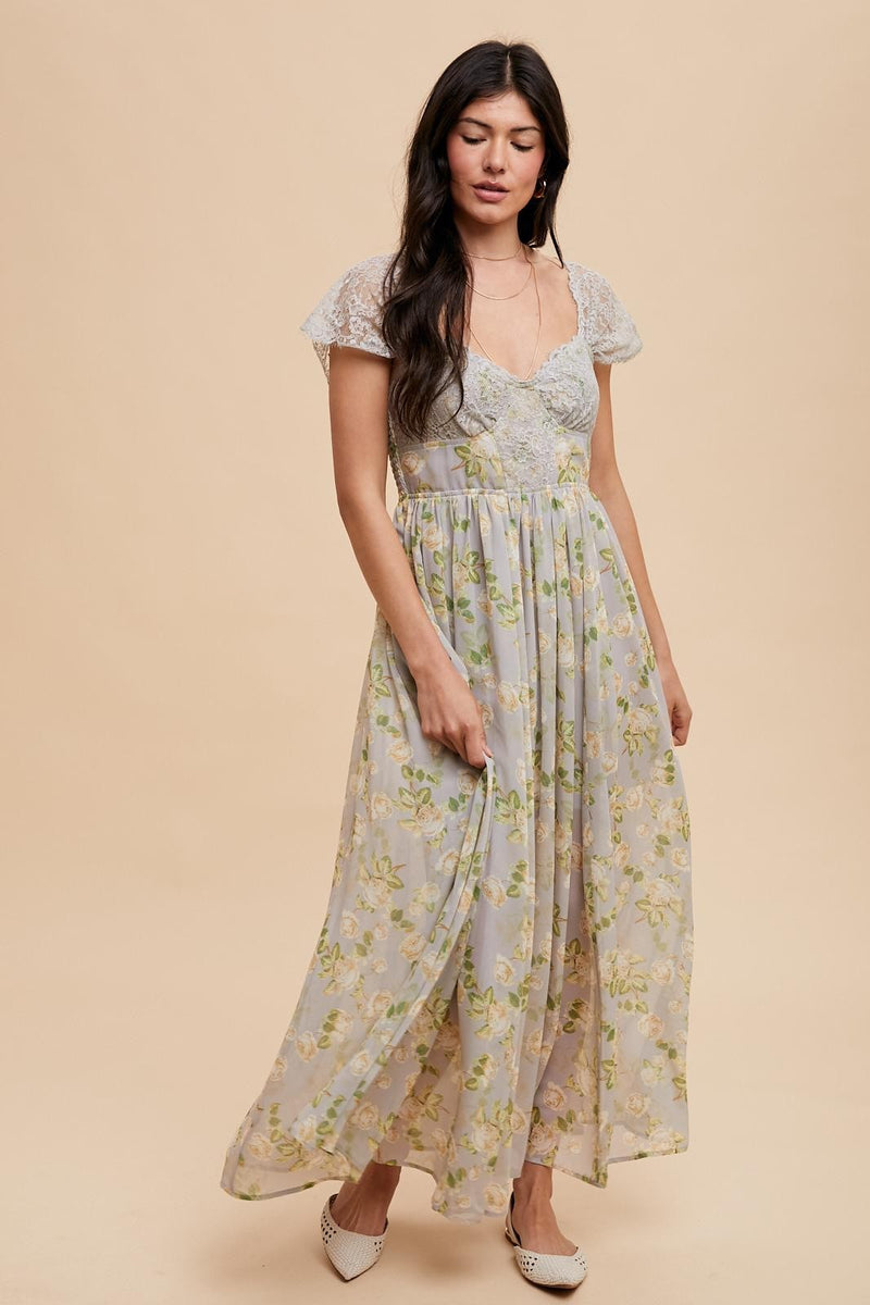 PANELED LACE FLORAL MAXI DRESS in Morning Fog- Final Sale