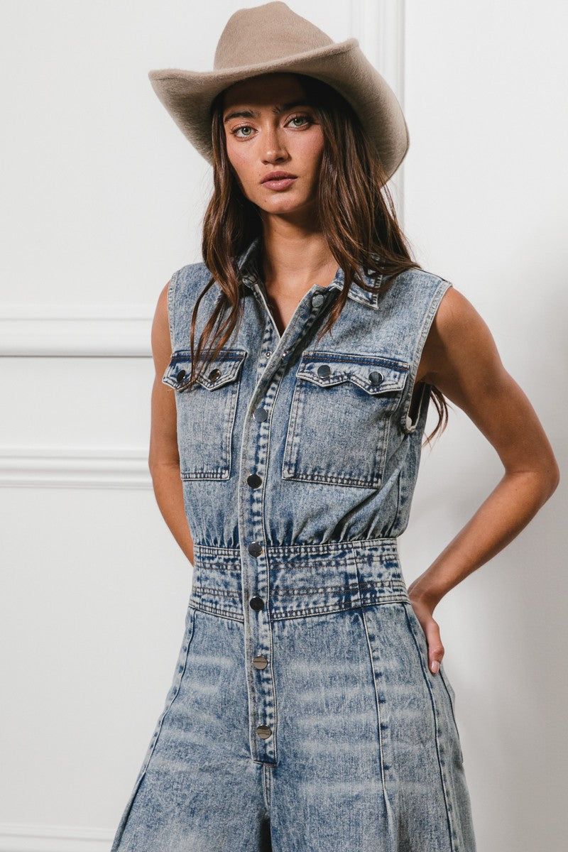 WIDE LEGS WASHED DENIM SLEEVELESS JUMPER (S-XL)