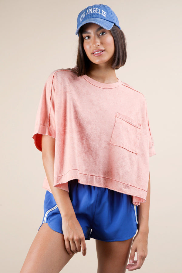 Mineral Washed Oversized Crop Comfy Knit Top in Peach