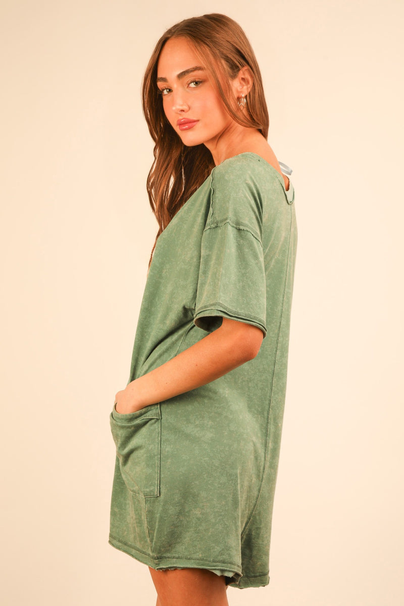 Mineral Washed Oversized Casual Knit Romper in Sage