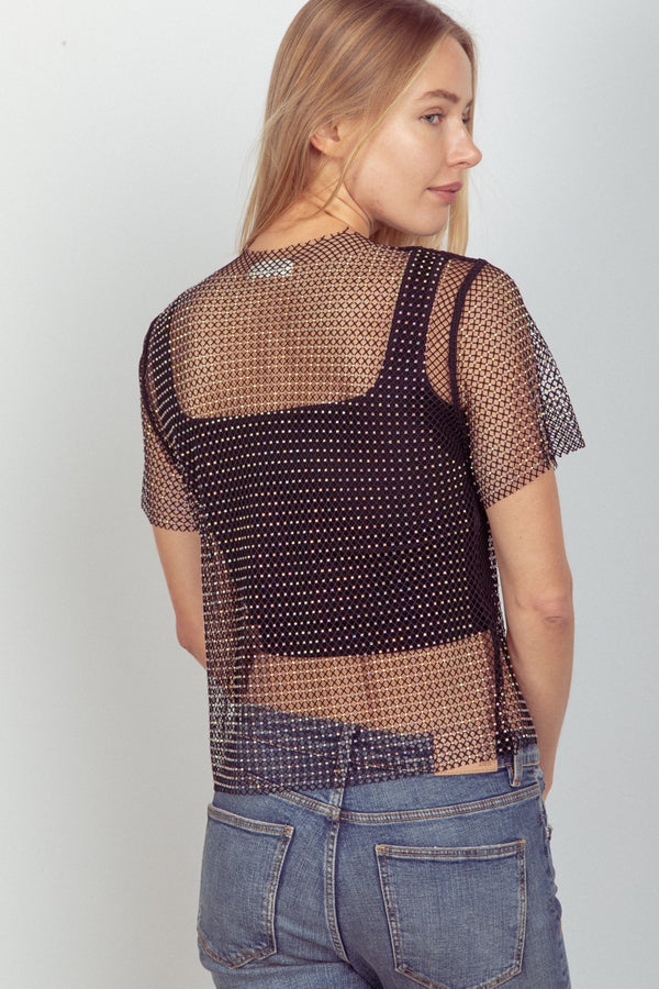 Jewel Fishnet Crochet Knit Top in Black