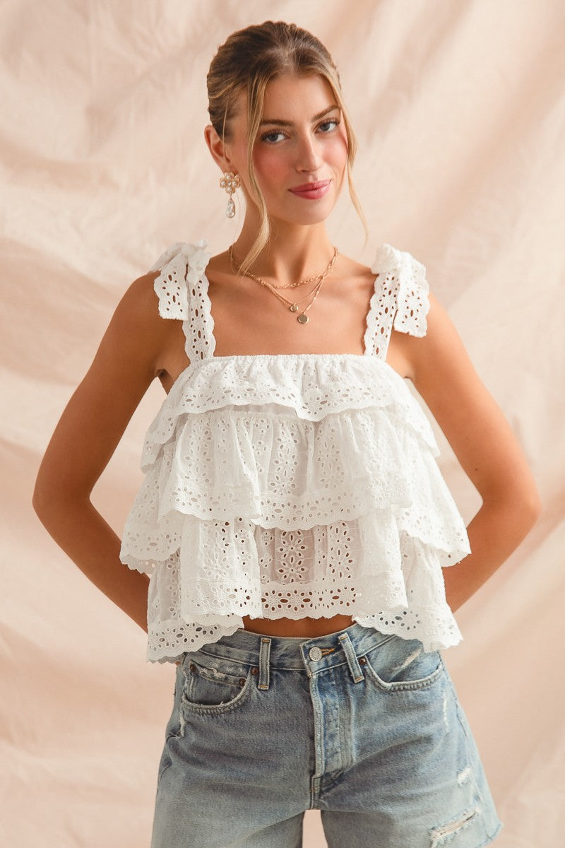 Eyelet Tiered Lace Trim Top With Lace Trim Tie (SIZE S-XL)