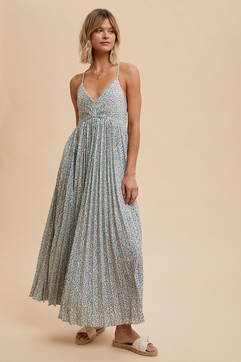 PLEATED FLORAL MAXI DRESS in Blue Floral Print- Final Sale