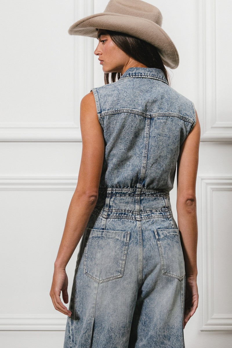 WIDE LEGS WASHED DENIM SLEEVELESS JUMPER (S-XL)