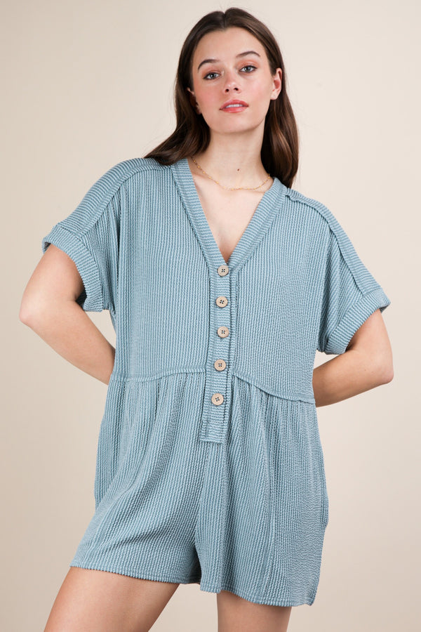 Two Tone Ribbed Knit Comfy Casual Romper in Sky