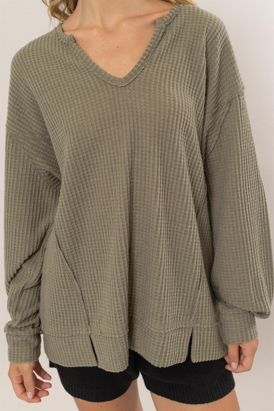 Brushed Waffle Notch Neck Top (Olive Grove)