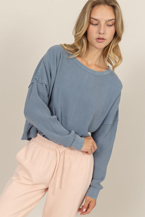 DROPPED SHOULDER RELAXED WAFFLE KNIT TOP (GRAY BLUE)