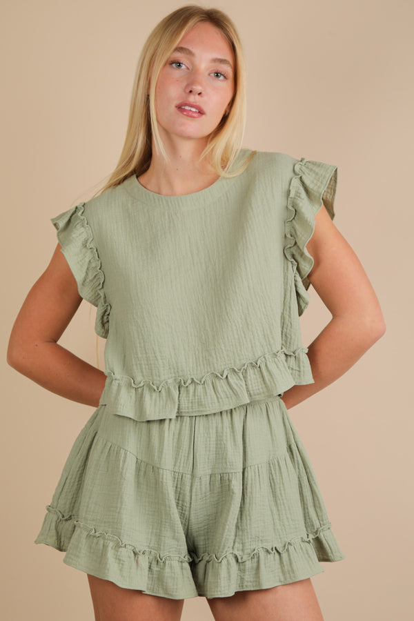 Ruffled Solid Woven Top & Shorts Set in Sage (TOP ONLY)