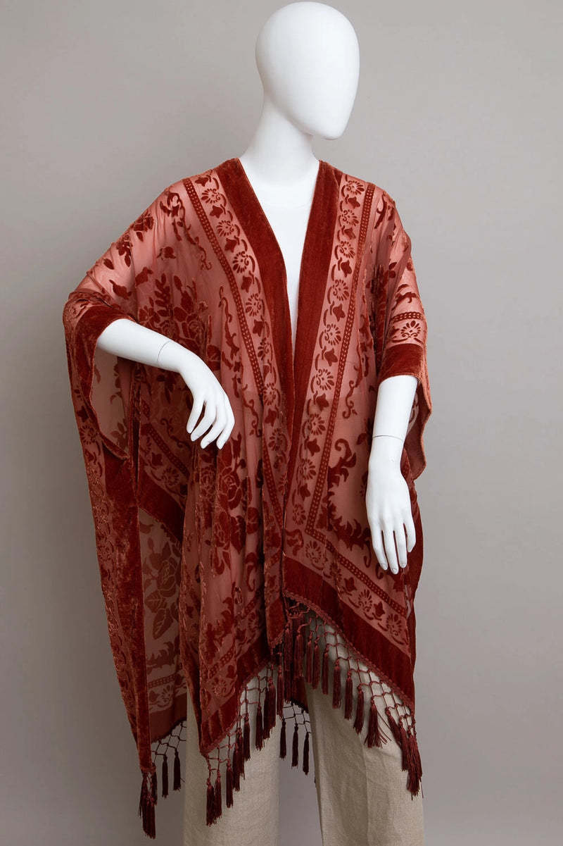 Velvet Mesh Tapestry Tassel Kimono in Rust (One Size)