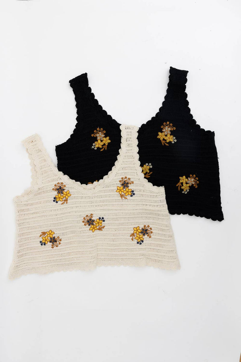 Serene Blooms Crochet Style Top in Black