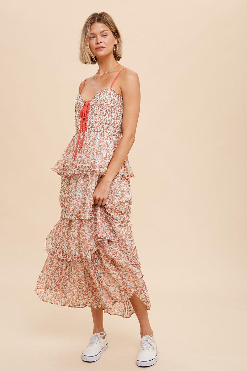 SMOCKED TIERED LACE UP FLORAL MIDI DRESS