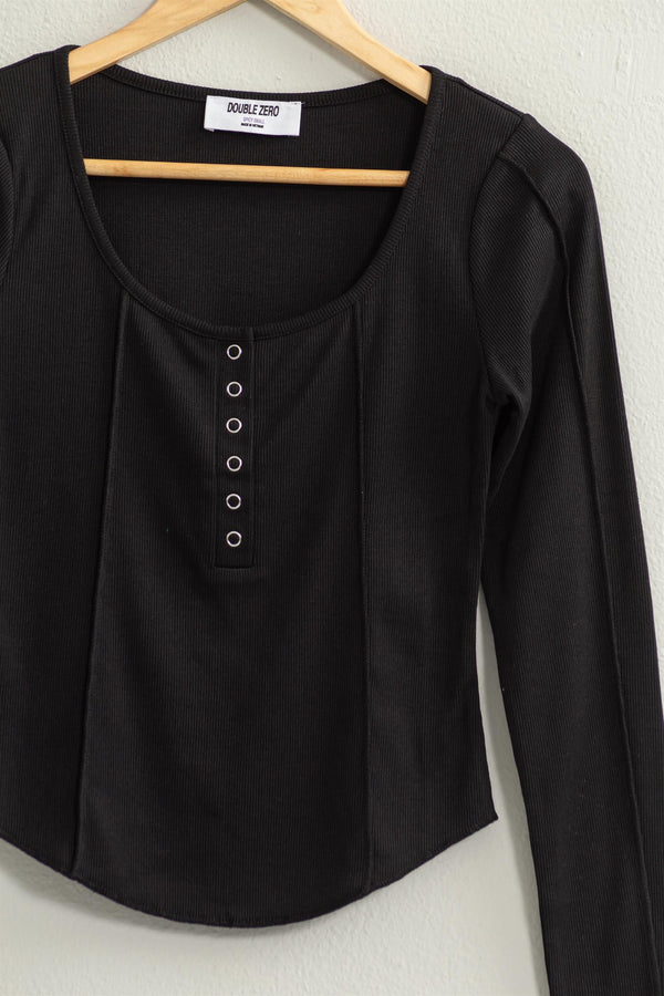 RIBBED LONG SLEEVE BUTTON FRONT TOP (BLACK)